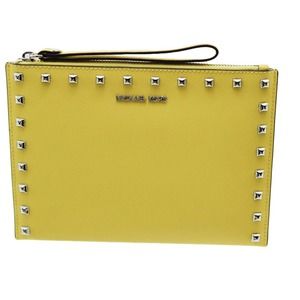 Michael Kors XL Zip Clutch Smooth Leather Signature Logo Checker Wristlet Yellow